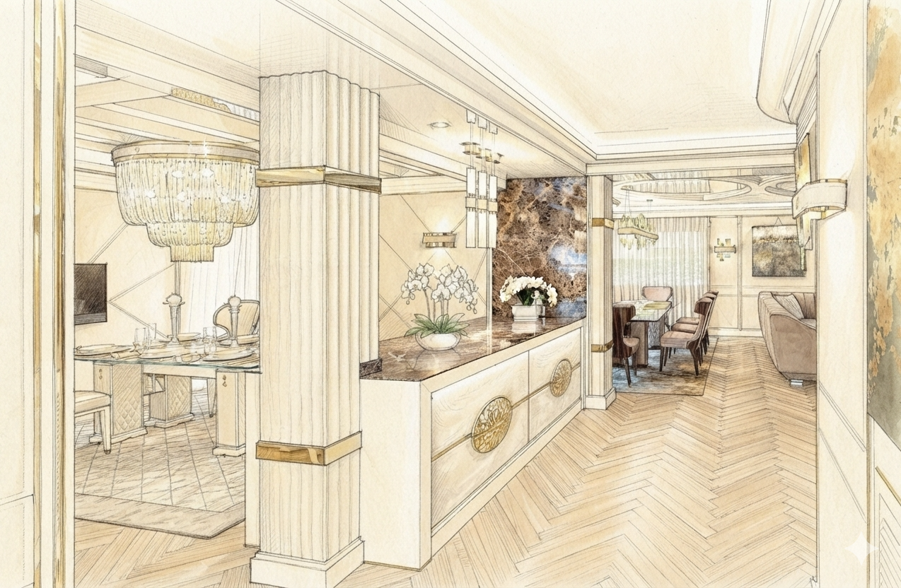 Design sketch of the Prestige kitchen and dining area for a residence in Abu Dhabi