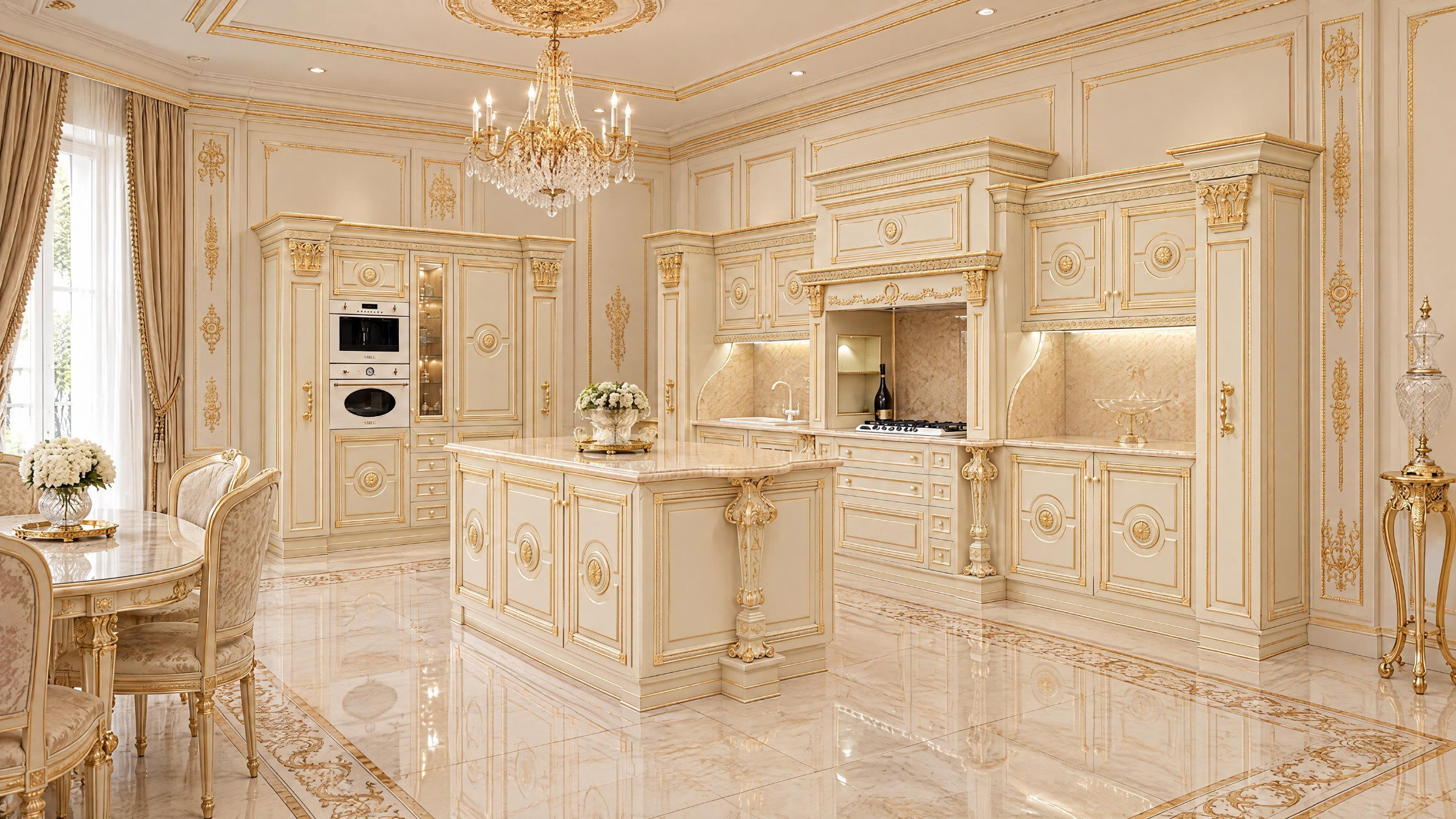 Regalia bespoke Italian luxury kitchen in Lagos, Nigeria with ivory cabinetry, gold detailing and a natural stone island