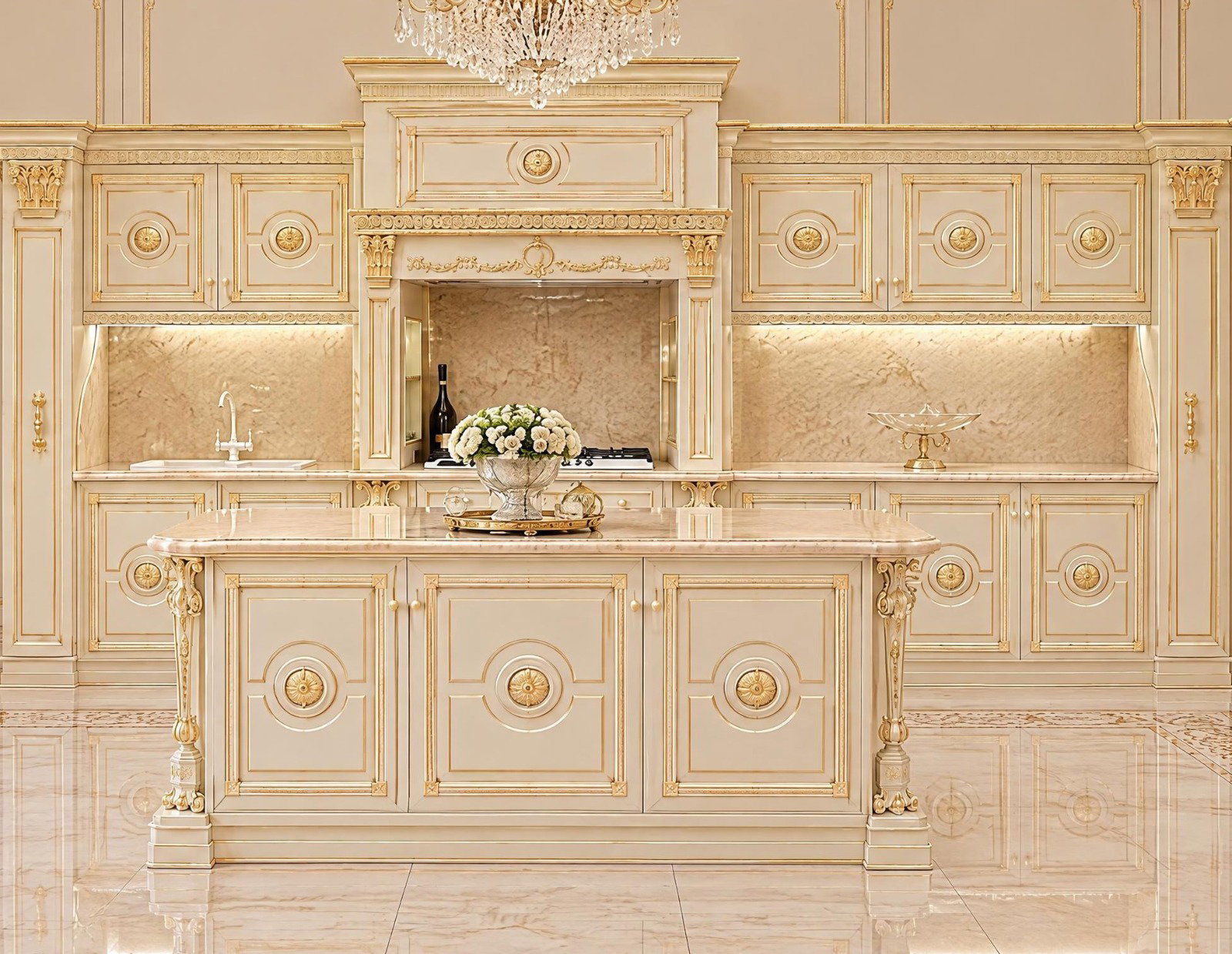 Bespoke kitchen island with gilded medallions and the main cabinetry wall in the Regalia kitchen, Lagos