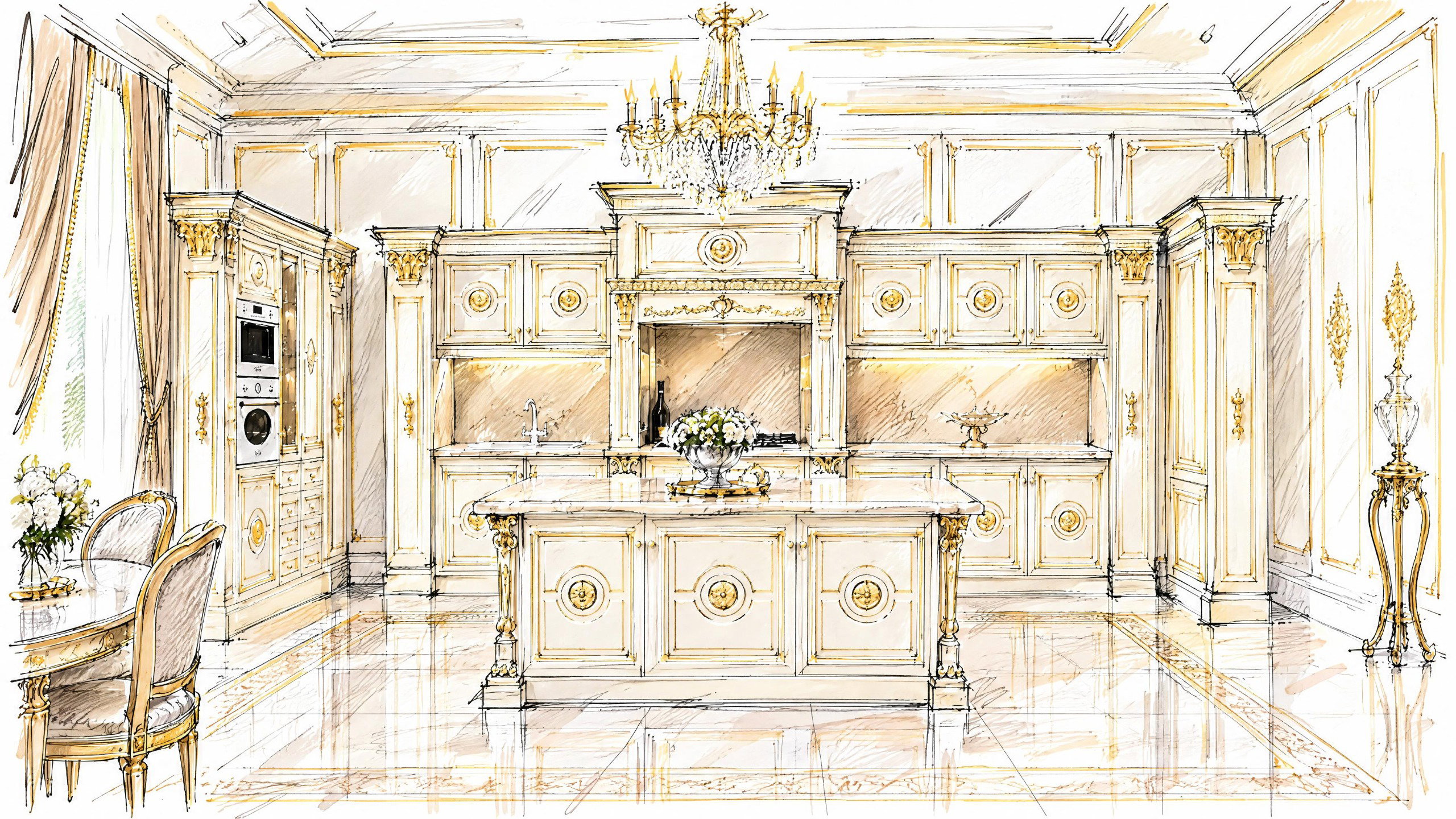 Watercolour design sketch of the Regalia kitchen and dining area in Lagos, Nigeria