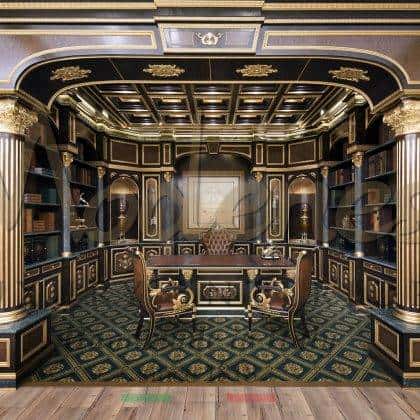 nejlepší elegantní kancelářský projekt vybavení majestátní manažerský stůl vyrobený v Itálii interiéry z masivního dřeva prvotřídní kvalita kancelářského nábytku ručně vyřezávané židle špičkové prezidentské otočné křeslo knihovny na zakázku dřevěné panely a boiserie na míru pro klasický luxus ručně vyráběné soukromé a veřejné exkluziní kancelářské projekty prezidentské královské paláce kanceláře interiéry