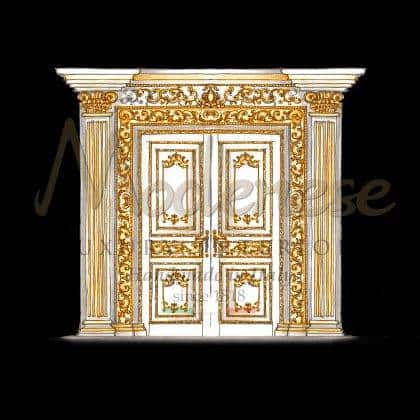 sofistikovaný benátský náčrt ve stylu masivního dřeva kreslicí projekty dveře nábytek exkluzivní ručně vyráběné přizpůsobené povrchová úprava detailů listovým zlatem noblesní ručně vyráběné vytoužené etaily benátské interiéry krásný klasický italský styl pevný nábytek