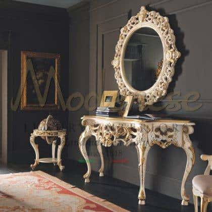artisanal custom made production handmade carved solid wood Ivory pearl console handcrfted bespoke decoration golden details solid wood customizition console top italian luxury quality furniture production royal villa furniture collection