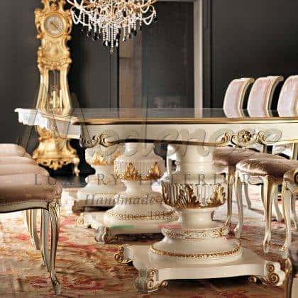 high-end artisanal furniture manufacturing best made in Italy handcrafted furniture handmade carvings elegant golden leaf details exclusive dining table ideas premium quality solid wood interiors ornamental dining room interiors majestic home decorations royal palace traditional timeless victorian dining table