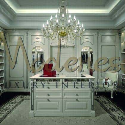 customized top quality handmade artisanal walk in closet production high-end made in Italy handcrafted fixed furniture carvings elegant silver leaf details majestic drawers wardrobe ideas premium quality solid wood interiors ornamental interiors elegant dressing island home decorations royal palace traditional timeless baroque design