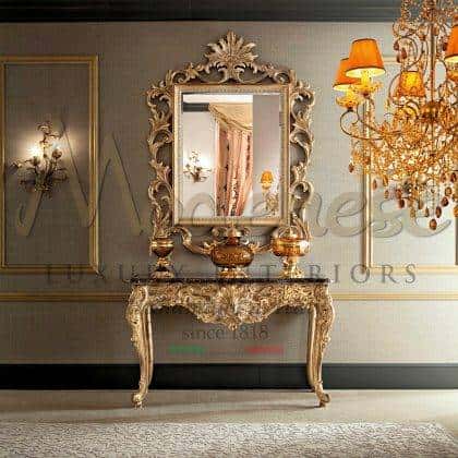 bespoke decoration golden leaf details solid wood customizition rectangular figured mirror artisanal custom made production handmade solid wood handcrfted console golden carved finish top italian luxury quality furniture production royal villa furniture collection