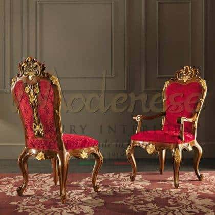 elegant red velvet fabric beautiful chair design timeless refined dining room chairs ideas bespoke solid wood furniture made in Italy unique quality traditional venetian style luxury home décor premium handcrafted interiors artisanal manufacturing ornamental opulent design handmade carvings handmade decorations golden leaf details elegant home furnishings