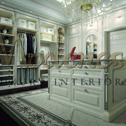 classy walk in closet quality made in Italy wooden wardrobes refined finishes dress island bespoke finish full silver details unique italian best quality fixed furniture style exclusive villa walk in closet top furniture collection best baroque interiors elegant home furnishing ideas tasteful classical handmade carved central island with silver leaf details