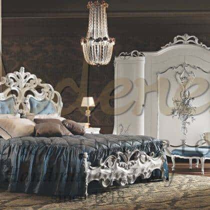 best quality made in Italy classic solid wood handcrafted furniture beautiful design unique exclusive master bedroom set luxury palace décor interiors white lacquered finish and details in silver leaf bespoke wardrobe handmade paintings decorations custom-made masterpieces artisanal manufacturing exclusive italian classic baroque venetian furniture elegant dressing table handmade carved night table Swaorvski decorative elements majestic dressing table opulent bed structure