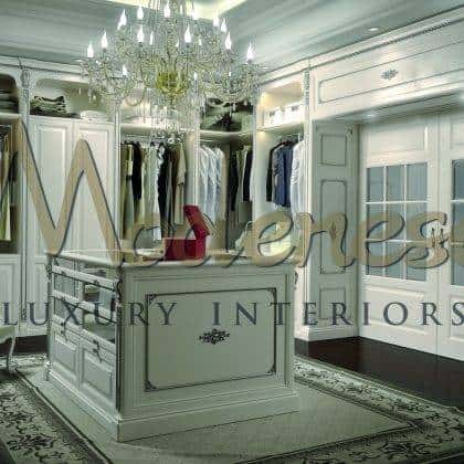 luxury top quality materials made in Italy wooden walk in closet bespoke finish full silver leaf details unique italian best quality fixed furniture style exclusive villa spacious wardrobes top fixed furniture collection best baroque interiors elegant home furnishing ideas tasteful classical handmade carved center dress island with silver leaf details