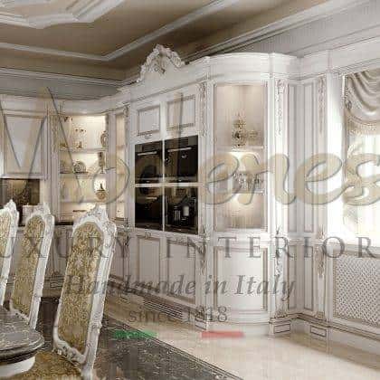 customized solid wood Deluxe -Ivory version traditional venetian style handmade kitchen carved furniture bespoke home furnshing project light soft finishes elegant fabrics ideas made in Italy classic wooden chairs royal luxury design exclusive handcrafted solid wood bespoke marble table