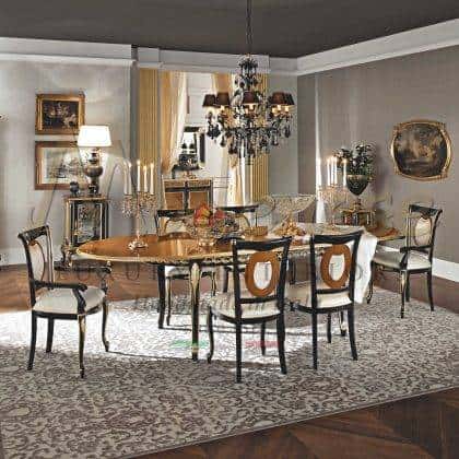 classic made in Italy luxury dining table exclusive baroque style home furnishings handcrafted high-end custom-made artisanal production solid wooden materials luxury italian furniture classic chair elegant upholstery traditional dining room collection royal palace bespoke decorations