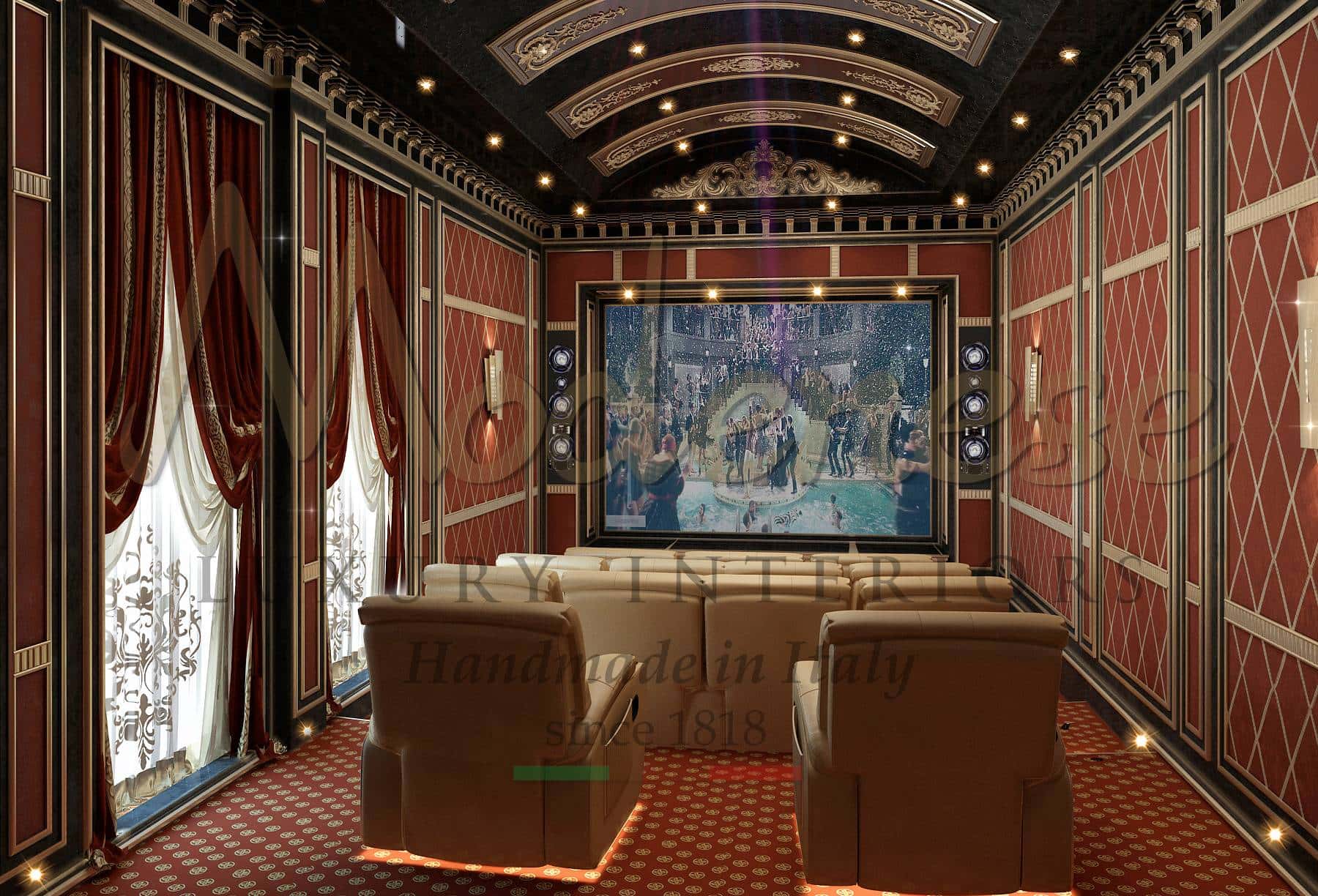 home cinema custom theater decoration interior design service high-end Italian quality artisans production opulent walls decoration luxury sofas for home cinema classic models unique timeless traditional made in italy home decoration residential project