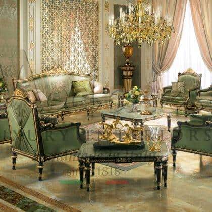 elegant empire interiors luxury classic majlis sofa set collection refined green color with golden leaf details royal unique traditional handmade coffee tables top green onyx marble precious italian fabrics solid wood handmade manufacturing exclusive design and finishes high-end quality unique furniture sofas armchairs coffee tables consoles for a royal majlis top quality custom made