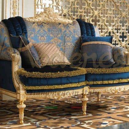 Elegant Empire Classic Style 2 Seater Italian Sofa Royal Blue Fabric Handmade Carved Artisanal Production by Modenese Luxury Interiors