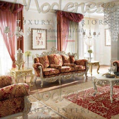 high-end quality handmade carved made in Italy classic style luxury interiors elegant 3-seater sofa and classy coffee tables in rococo' opulent royal villa furnishing projects traditional italian fabrics for rich luxury living lifestyle timeless luxury furniture exclusive craftsmanship