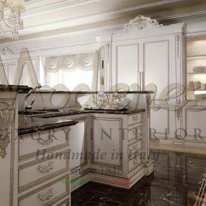 made in Italy artisanal production handmade solid wood deluxe Royal - Ivory kitchen handmade bespoke top decoration ivory leaf details solid wood carvings top quality luxury italian fixed furniture production royal villa furniture high quality furniture collection