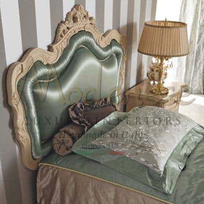 refined venetian luxury furniture headboards decoration upholstered finish details made in Italy green satin luxury wooden leaf handmade headboard opulent decorated ornamental bedroom majestic solid wood bed structure royal exclusive venetian italian manufacturing artisanal made in italy