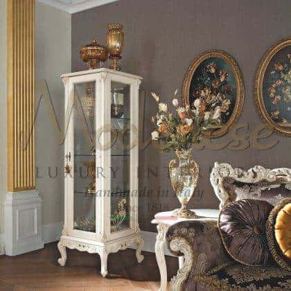 handcrafted carved solid wood inlaid vitrines baroque traditional luxury italian furniture high-end artisanal manufacturing baroque home decoration beautiful venetian style crystal shelves collection white leaf details exclusive design