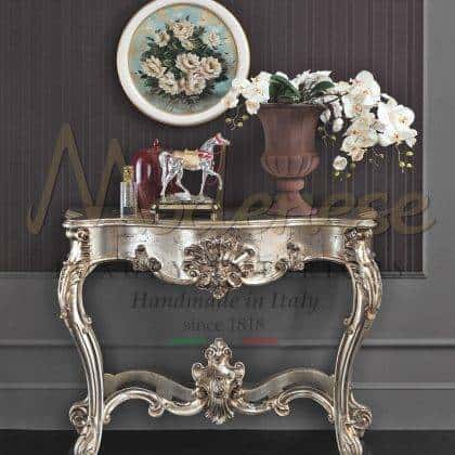 sophisticated classy customized handcrafted furniture handmade baroque traditional venetian solid top wooden console solid wood silver carved silver leaf finishes details ornamental top decorations elegant exclusive made in Italy traditional design venetian style decorative elements