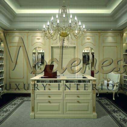 exclusive elegant italian artisanal walk in closet production high-end made in Italy handcrafted furniture carving center island elegant golden leaf details finishes majestic cabinet wardrobe ideas premium quality solid wood interiors ornamental interiors elegant home decorations royal palace traditional timeless baroque design
