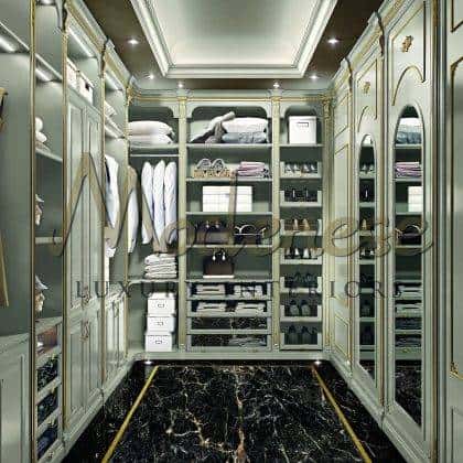 luxury fixed furniture white walk in closet craftsmanship beautiful made in Italy luxury spacious cabinet refined golden leaf finishes traditional classic style custom made in italy exclusive walk in closet design opulent classy décor details handcrafted interiors artisanal manufacturing