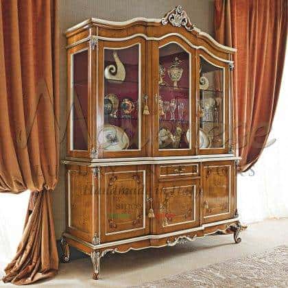handmade elegant royal luxury brown inlaid vitrines solid wood with silver leaf details elegant finishes custom-made solid wood furniture italian top quality traditional baroque style luxury home décor premium handcrafted interiors artisanal manufacturing details elegant home décor majestic palace project