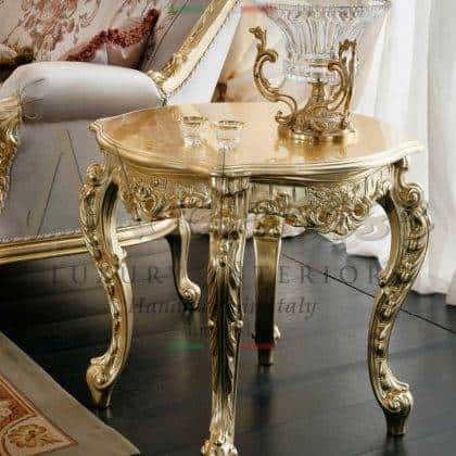 baroque classical style coffee table customized finish handmade top decoration golden leaf ornamental top marble refined royal villa living room furniture in solid wood handcrafted coffee table made in Italy collections by italian skilled artisans