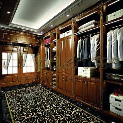 exclusive luxury italian walk in closet classical style exclusive fixed furniture handcrafted made in Italy solid wood decorative gold leaf details handmade top customized walk in closet fixed furniture classical baroque style details unique exclusive solid wooden luxury furniture manufacturing traditional design venetian style decorative elements