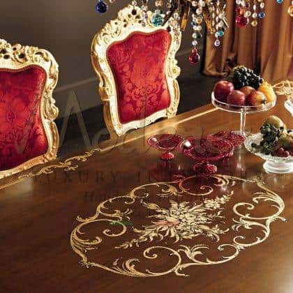 made in Italy solid wooden handmade victorian rococo' luxury dining table handmade paintings golden leaf application details elegant handmade decoration refined ornamental dining table ideas high-end baroque venetian style exclusive furniture high-end quality artisanal interiors production majestic dining room area