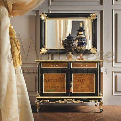 unique majestic figured rectangular mirror venetian baroque black frame finish golden leaf details luxury Italian materials quality made in italy manufactuirng bespoke exclusive home furnishings solid wooden carved furniture golden finish exclusive italian furniture production