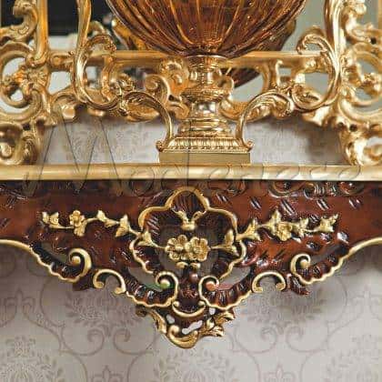 handcrafted luxury carvings console details handmade baroque traditional venetian solid wood refined golden finishes handmade ornamental top decorations best quality artisanal production high-end quality made in italy manufacturing