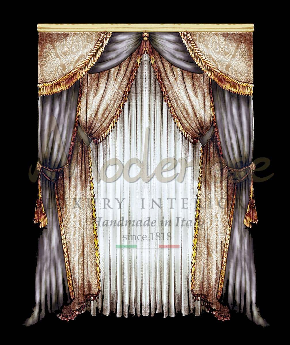 klasické záclony styl francouzský design viktoriánský barokní modely na zakázku projekt interiérový design služby řemeslnci ručně vyráběné látky vyrobené v Itálii vysoce kvalitní a drahé látky výbě