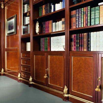classic luxury bookcase furniture unique refined golden leaf finish interiors artisanal victorian venetian details solid wood décor unique wooden furniture manufacturing rich furnishings quality italian high-end materials briarwood inserts unique home décor
