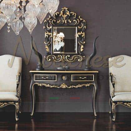 sophisticated venetian baroque classy customized handcrafted black craquelé console furniture handmade traditional venetian solid top wooden console solid wood golden carved leaf finishes details ornamental top decorations elegant exclusive made in Italy traditional venetian design