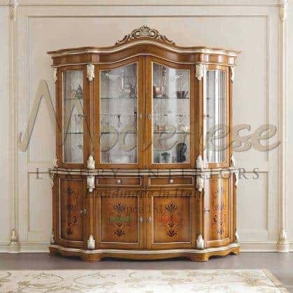 solid wood bespoke empire style vitrines inlaid top customized crystal shelves made in Italy furniture handcrafted home decoration refined silver leaf details finish royal palaces exclusive custom-made collection luxury majestic finish details traditional baroque style vitrines