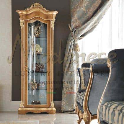 traditional timeless italian exclusive design bespoke classic furniture custom-made inlaid vitrine in solid wood luxury rococo' refined brass leaf details finish furniture set handcrafted vitrines elegant sophisticated classic vitrines refined high-end quality furniture