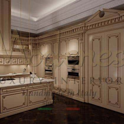 luxury refined Romantica - Laquared and patinated wood version kitchen best quality made in Italy handmade venetian style handcrafted luxury cabinet elegant venetian baroque style with gold details high-end classical exclusive fixed furniture handmade marble inlaid top artisanal interiors production majestic kitchen counter refined bespoke kitchen solid wood