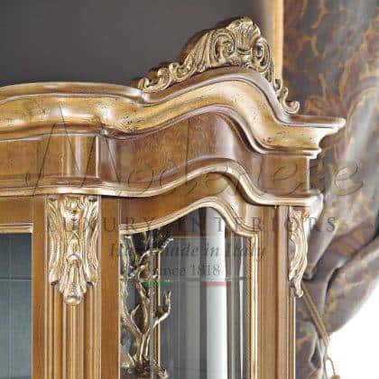 royal luxury elegant italian inlaid vitrines custom mad fabrics finishes with brass leaf details top quality classic italian furniture manufacturing solid wood materials luxury lifestyle elegant home furnishing rich vitrines collection