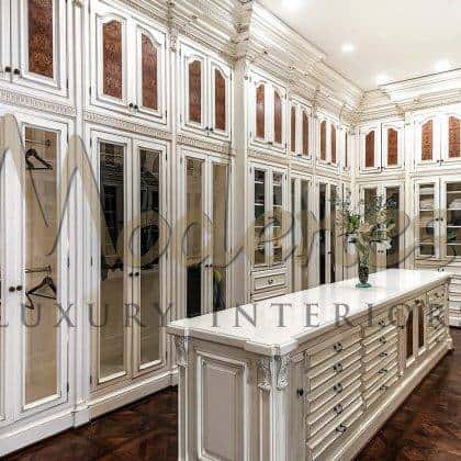 unique luxury empire classic italian white walk in closet exclusive fixed furniture handcrafted made in Italy carved solid wood decorative silver leaf details finishes handmade wardrobes furniture classical baroque style details unique exclusive solid wooden luxury design for exclusive royal palaces and villas decoration projects