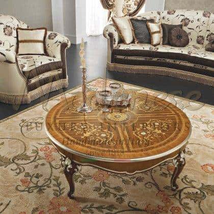 luxury italian elegant design inlaid coffee table furniture made in Italy handcrafted in solid wood carved coffee tables wooden top ornamental elements baroque traditional round table with inlaid top bespoke fabrics best italian classic furniture quality