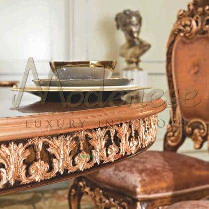 Traditional refined best quality handmade artisanal furniture manufacturing high-end made in Italy handcrafted furniture handmade solid wood carvings elegant golden leaf details exclusive dining table top decoration ideas premium quality solid wood interiors ornamental dining room interiors elegant home decorations royal palace traditional timeless baroque unique design inlaid dining table