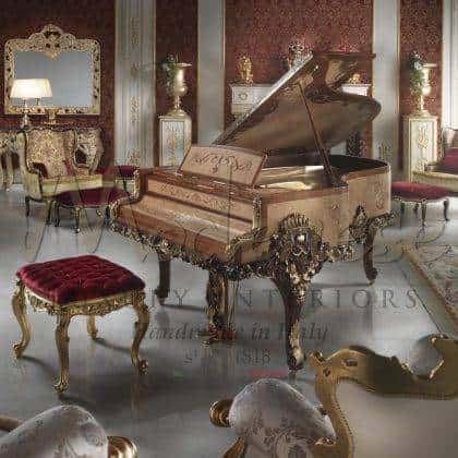 handmade inlaid made in Italy grand piano, original instrument mechanism, luxury royal piano, inlay pian with refined gold details in solid wood venetian baroque classic handcrafted style fortepiano ideas top luxury quality made in italy reproduction majestic best quality empire victorian baroque unique solid wood bespoke exclusive finishes custom-made design traditional royal palaces furnishing projects