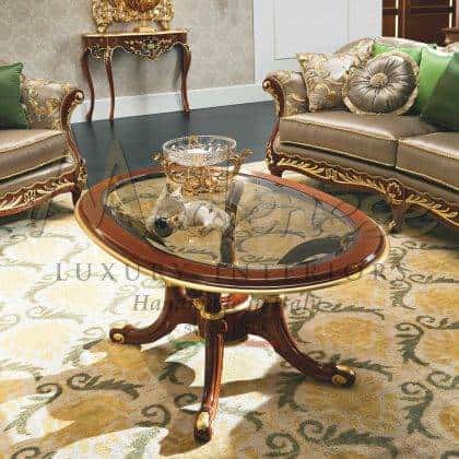 solid wood coffee table luxury classic baroque style elegant classy decorated finish interior ideas home decoration luxury coffee table top inlaid marble finish golden details finish villas palace décor unique taste refined style made in Italy