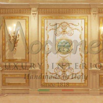 traditional solid wood honey onyx boiserie wall luxury classic baroque style graceful interior manufacturing classic carved golden finish and details elegant inlays handmade painting décor villas palace décor unique french taste rafined style made in Italy high-end quality classy furniture sophisticated venetial design