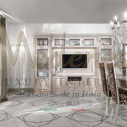 exclusive luxury Contemporary version kitchen with an elegant dining table details bespoke luxury kitchen fixed furniture collection italian artisanal handmade production traditional home furnishing refined best quality materials made in Italy premium furniture luxurious TV stand elegant handmade vitrines royal palace collection style with silver details high-end classical design exclusive artisanal interiors production majestic kitchen solid wood