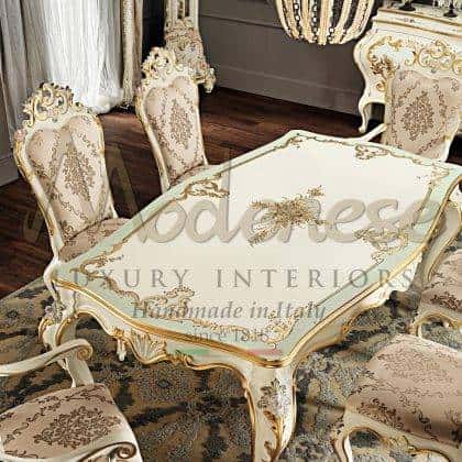 luxury classic italian dining room exclusive furniture handcrafted made in Italy solid wood decorative golden leaf details handmade top paintings customized dining room furniture classica baroque style chairs unique exclusive solid wooden luxury furniture manufacturing