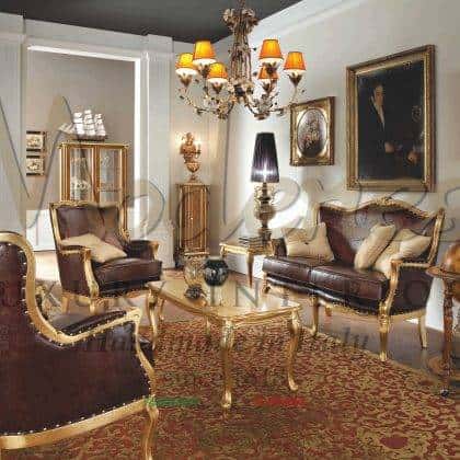 italian luxury furniture craftsmanship beautiful made in Italy leather golden leaf sofas armchairs traditional classic style living room collections custom made solid wood exclusive design opulent office living room area elegant globe bar