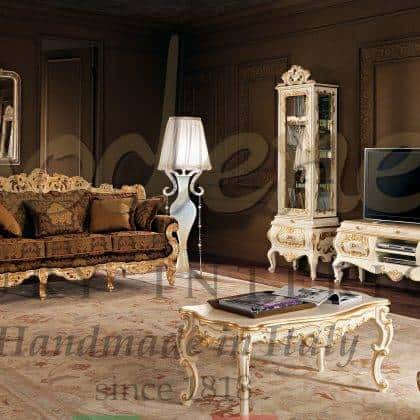 luxury living room made in Italy baroque venetian style rococo' TV unit sophisticated handmade decorated vitrines handcrafted sofa sets in solid wood materials traditional italian luxury interiors best quality timeless design