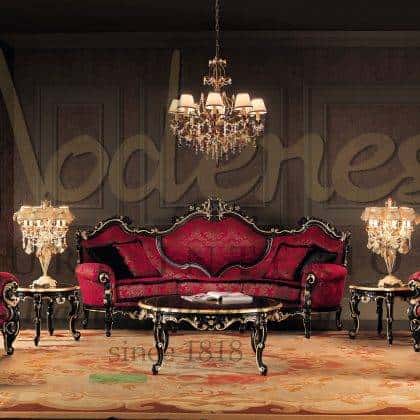 elegant upholstery solid wood sofa set handmade carvings refined finish french furniture reproduction barooque style ornamental solid wood furniture made in Italy artisanal production classic style luxury furniture exclusive collections black lacquered finish golden leaf details